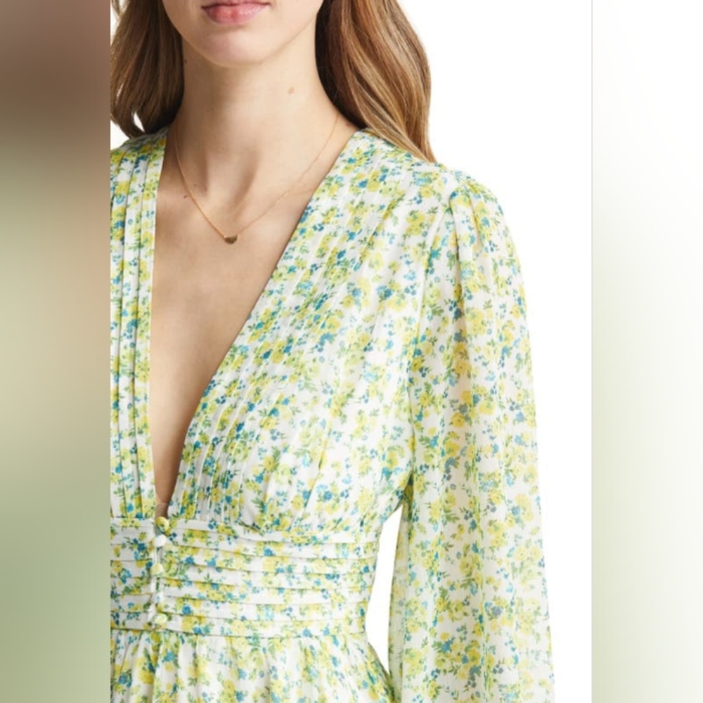 VICI Collection Floral Long Sleeve Chiffon Babydoll Mini Dress Green/Yellow - Picture 2 of 9